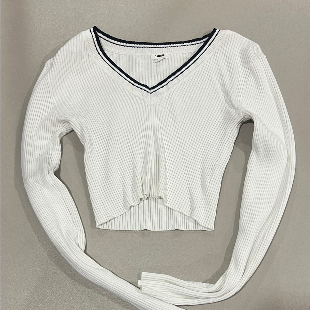 Garage White Ribbed V-Neck Blouse